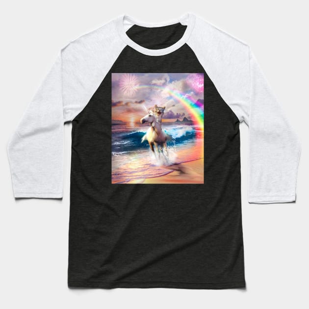 Cat Riding Unicorn Wearing Sunglasses, Beach Rainbow Funny Baseball T-Shirt by Random Galaxy